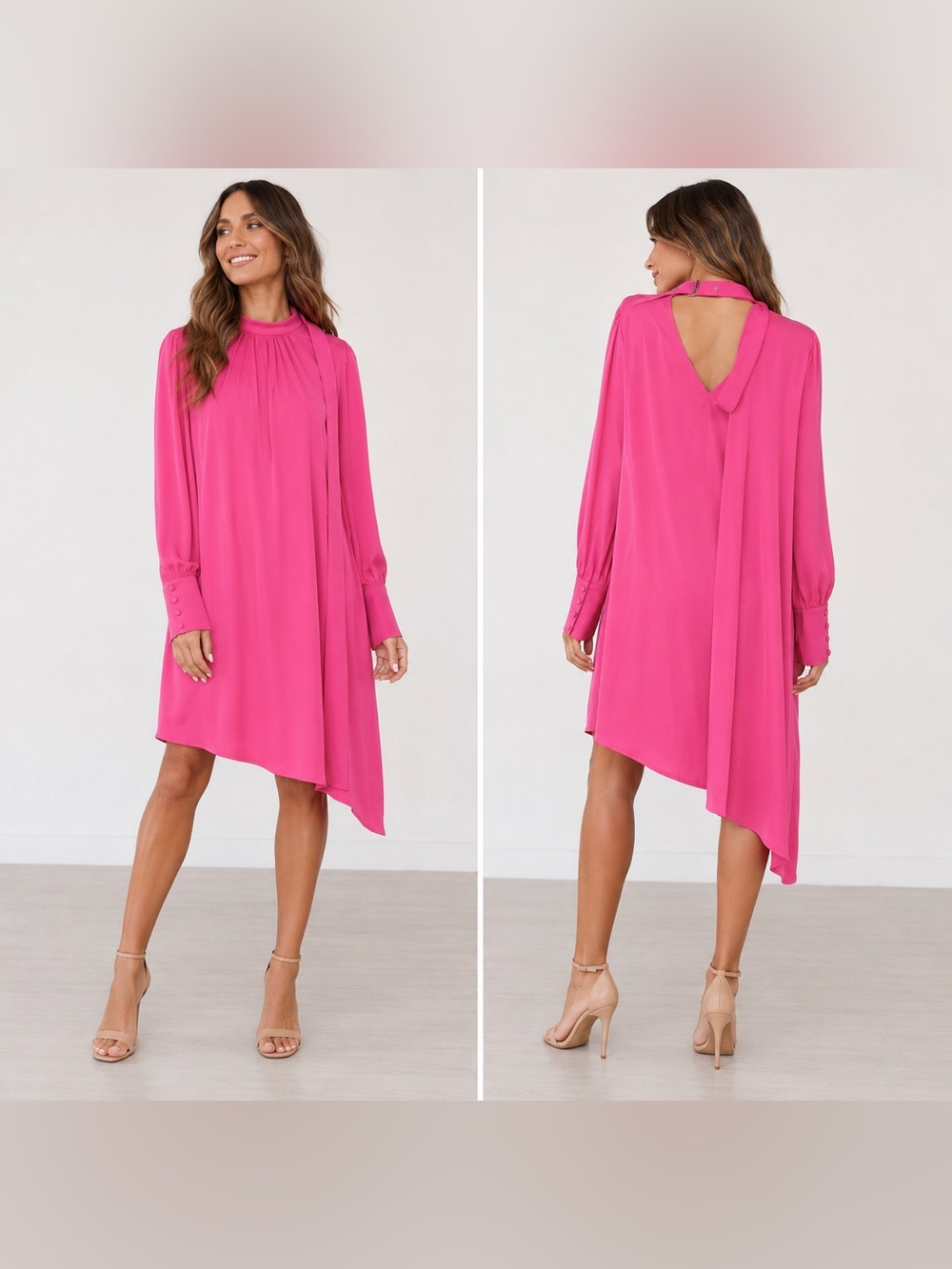 LEA & VIOLA Mock Neck Asymmetrical Blouson Hot Pink Long-Sleeve Shift Dress